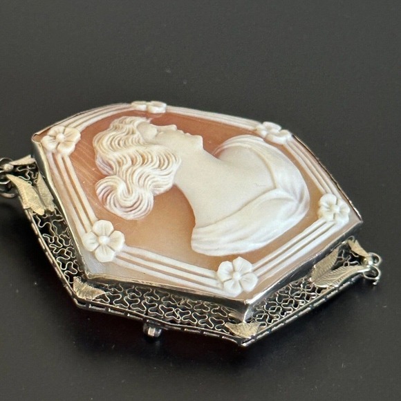 Vintage 14K Solid White Gold Carved Cameo Shell Woman & Flowers Large Brooch Pin - Picture 13 of 16